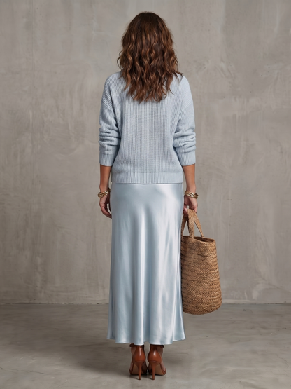 Luciana | Conjunto de falda de satén en sesgo para otoño y capa de punto