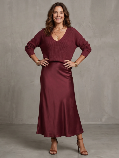 Luciana | Conjunto de falda de satén en sesgo para otoño y capa de punto