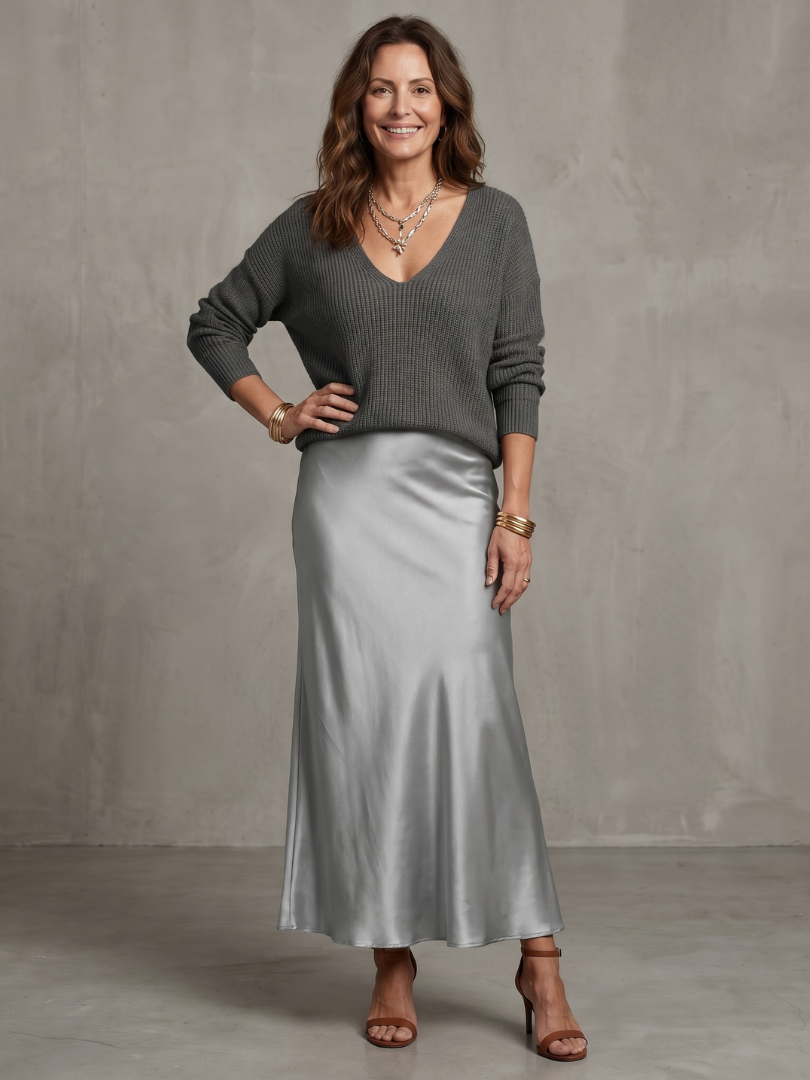 Luciana | Conjunto de falda de satén en sesgo para otoño y capa de punto