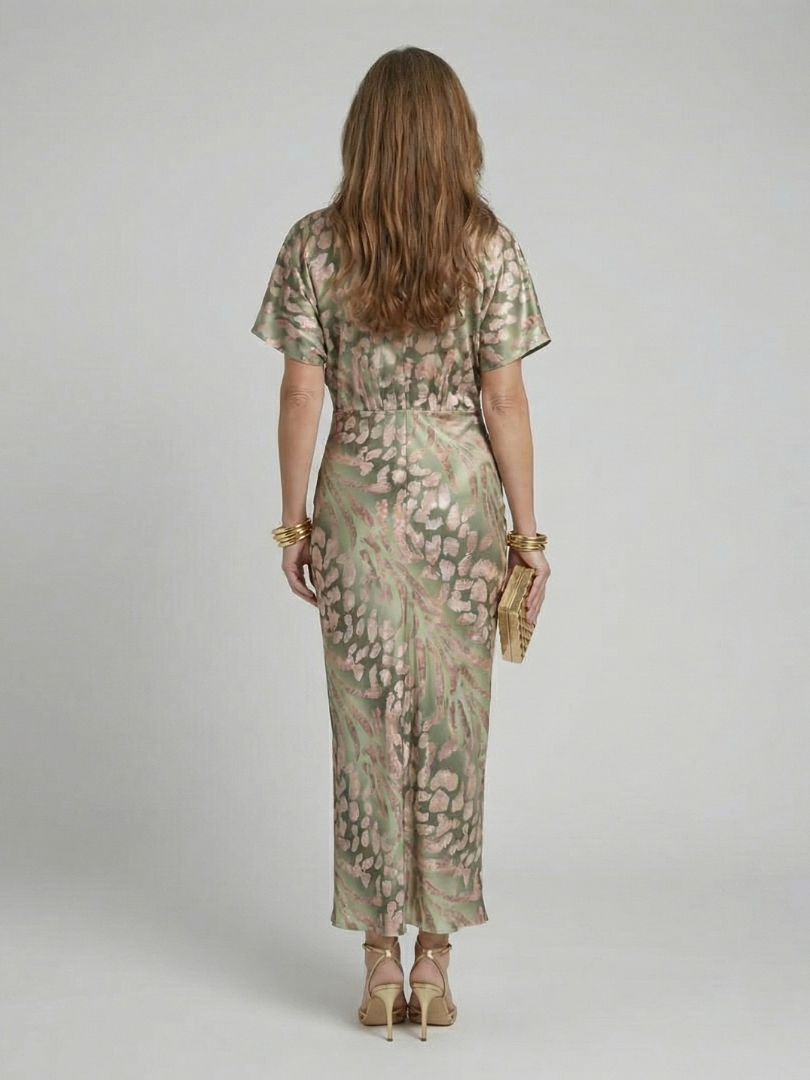 Coral | Vestido midi con estampado abstracto, escote en V y cintura con nudo