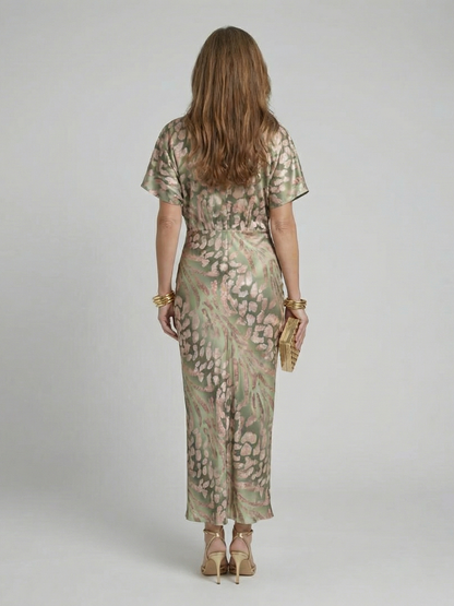 Coral | Vestido midi con estampado abstracto, escote en V y cintura con nudo