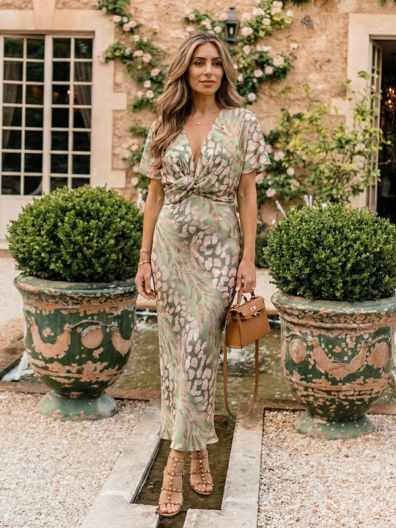 Coral | Vestido midi con estampado abstracto, escote en V y cintura con nudo