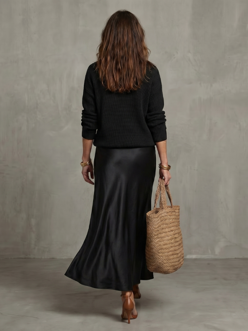 Luciana | Conjunto de falda de satén en sesgo para otoño y capa de punto