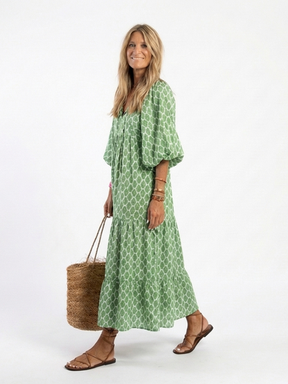 Mercedes | Vestido midi estampado con manga tres cuartos y escote en V