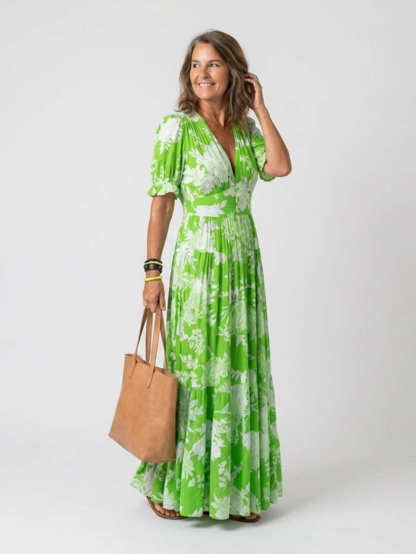 Aurora | Vestido midi con estampado floral de manga corta y escote en V
