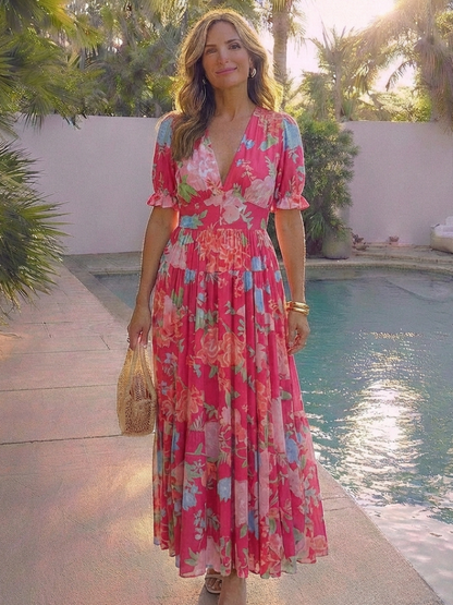 Aurora | Vestido midi con estampado floral de manga corta y escote en V