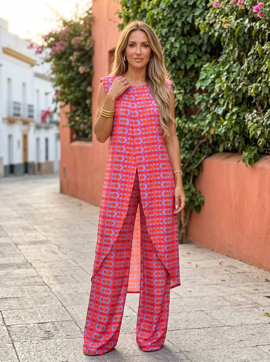 Vera | Conjunto fluido de túnica y pantalón palazzo con estampado retro